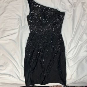 Size 0 Black rhinestone one shoulder dress with side slit